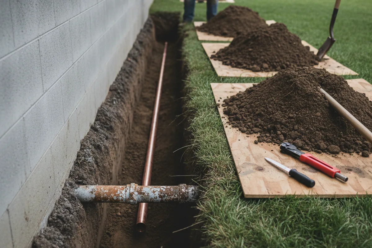 Excavated water line trench during Water Heater Repair in Baldwin Park